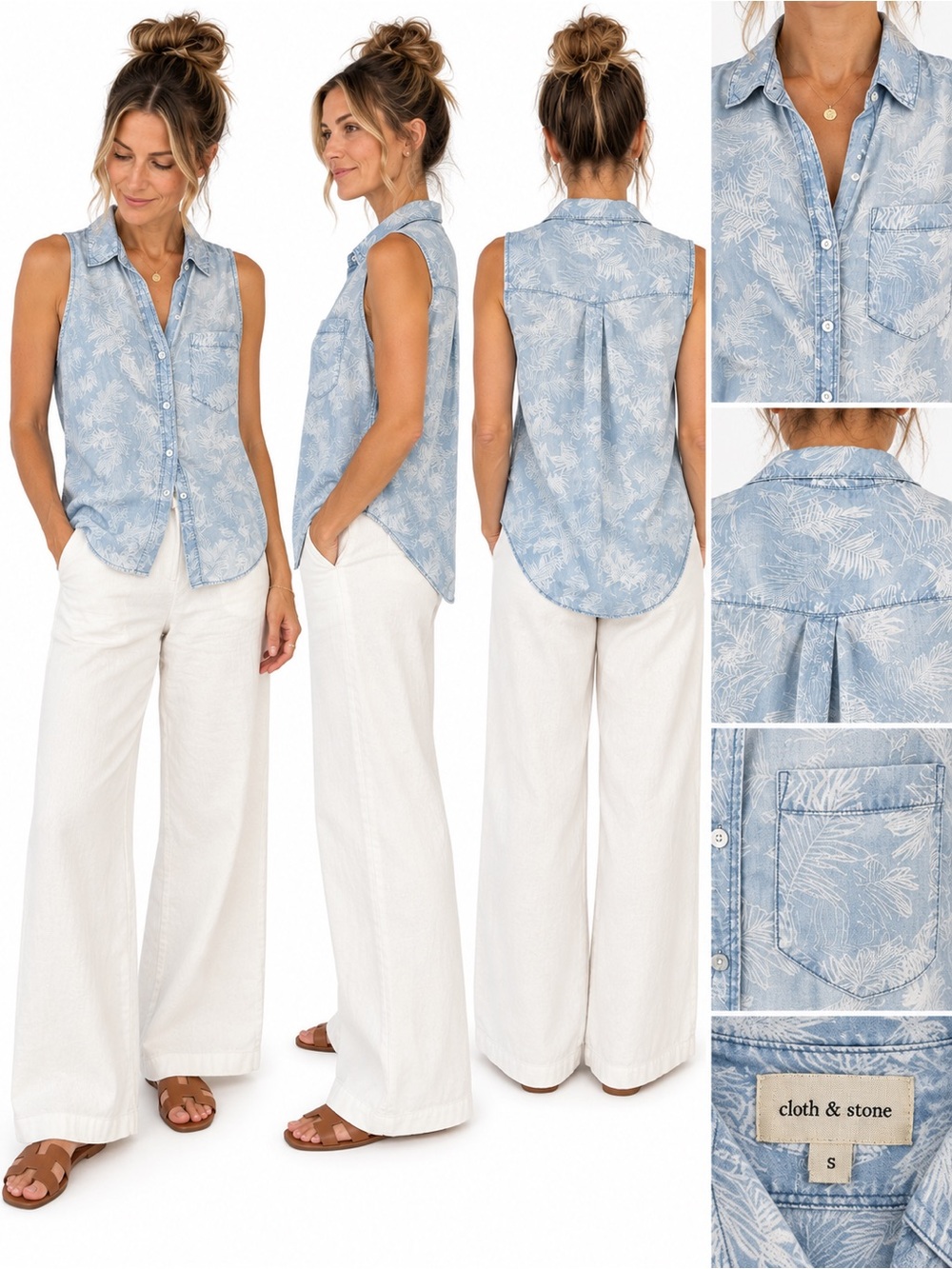 cloth & stone Light Blue Palm-Print Sleeveless Button-Front Shirt